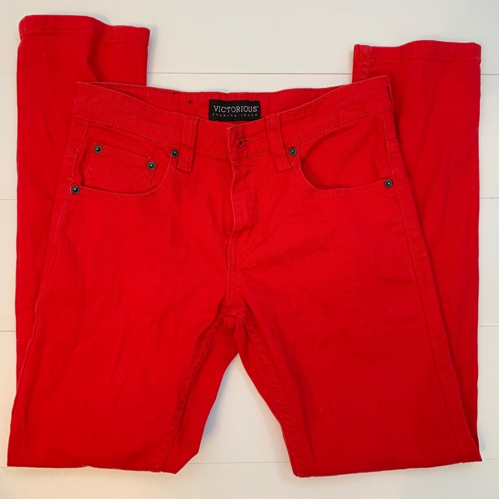 Men’s 28/30 red VICTORIOUS premium jeans.